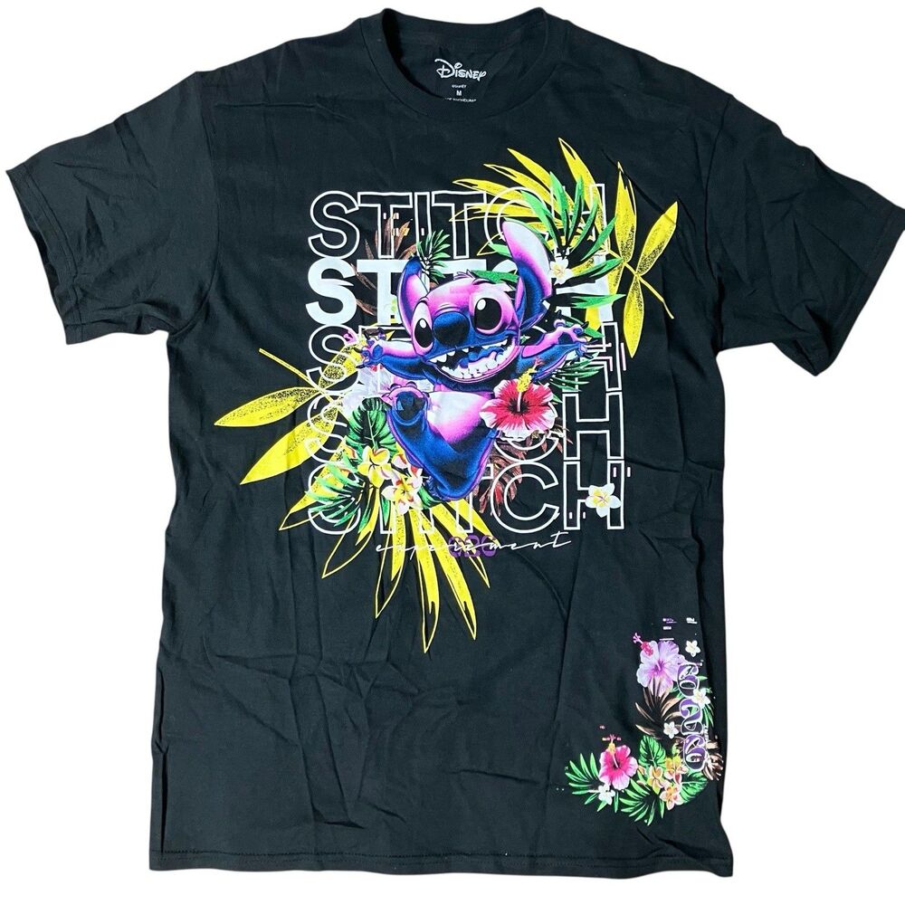Lilo And‎ Stitch T-Shirt Mens M Black Hawaiian Colorful Short Sleeve Floral
